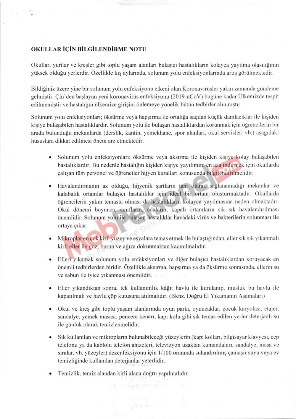 MEB'den Coronavirüs ve Bulaşıcı Hastalıklar İle İlgili Resmi Yazı (Okullar İçin Bilgilendirme Notu)