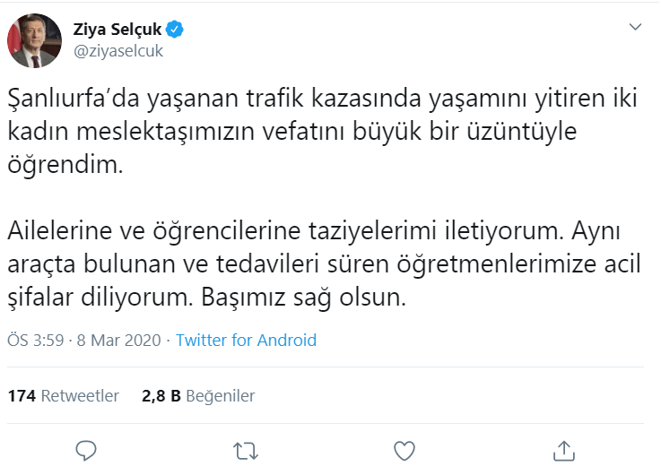 Bakan Ziya SELÇUK'tan kazada hayatını kaybeden öğretmenler için taziye mesajı.