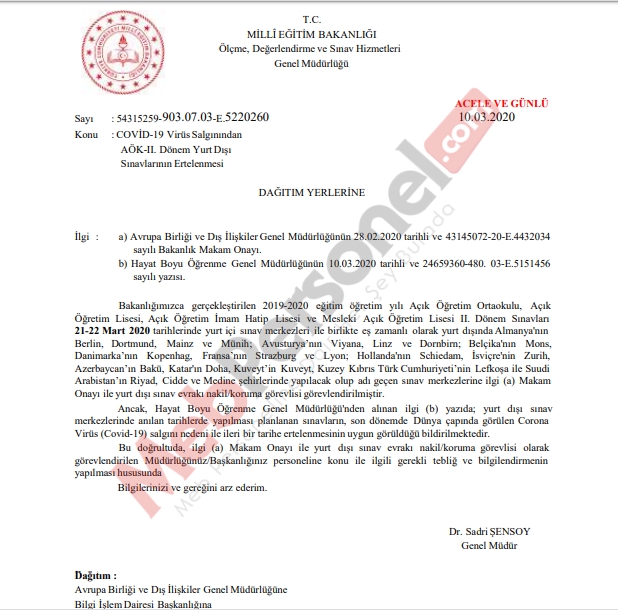 MEB, 2020 AÖL Yurtdışı Sınavlarını İptal Etti