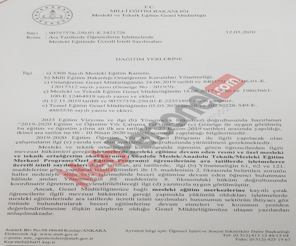 Tatilde Öğrencilerin işletmelerde Mesleki Eğitimde ücretli izinli sayılmalarına dair resmi yazı