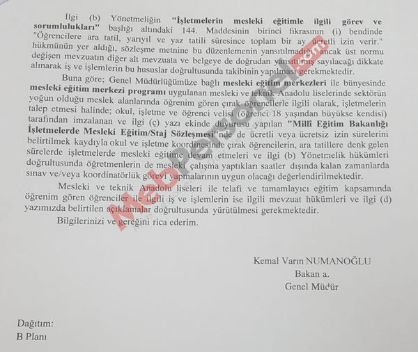 Tatilde Öğrencilerin işletmelerde Mesleki Eğitimde ücretli izinli sayılmalarına dair resmi yazı