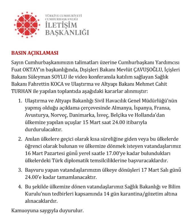 Cumhurbaşkanlığı'ndan 4 önemli 'koronavirüs' kararı