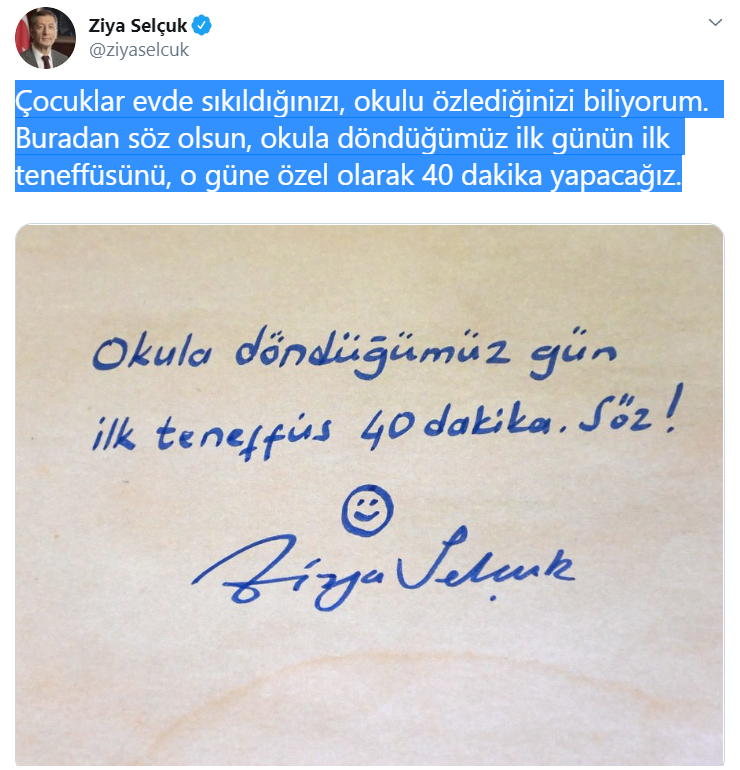 Bakan Ziya SELÇUK'tan Öğrencilere Teneffüs Sözü.
