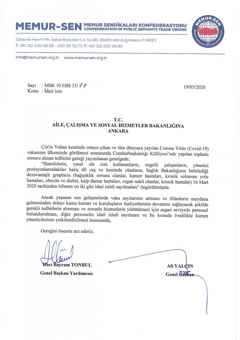 Memur-Sen’den Kamu Çalışanları İçin “İdari İzin” Talebi