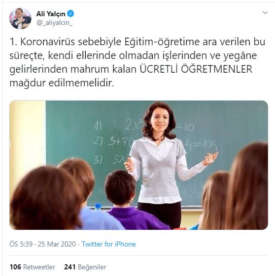 Ali Yalçın: Ücretli öğretmenler mağdur edilmemelidir