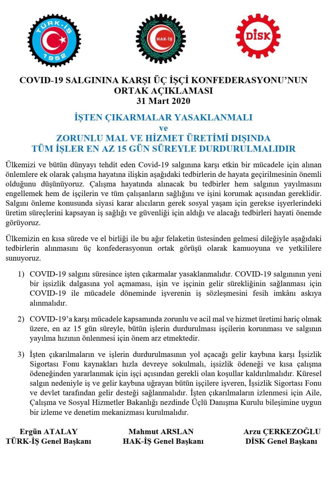Konfederasyonlar: İşten çıkarmalar yasaklanmalı