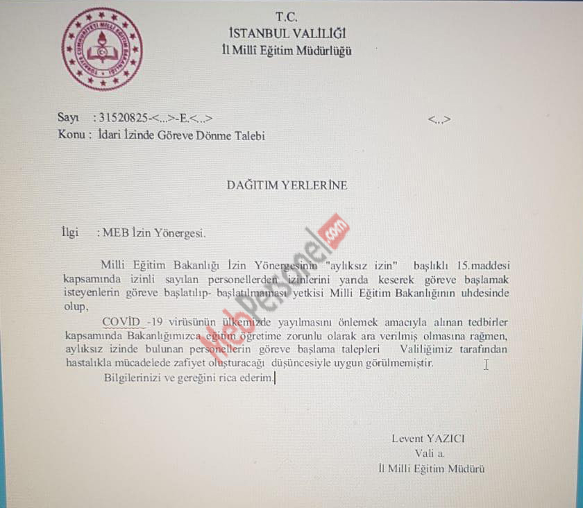 İl MEM'den aylıksız izinde bulunan personelin göreve dönme talebine cevap