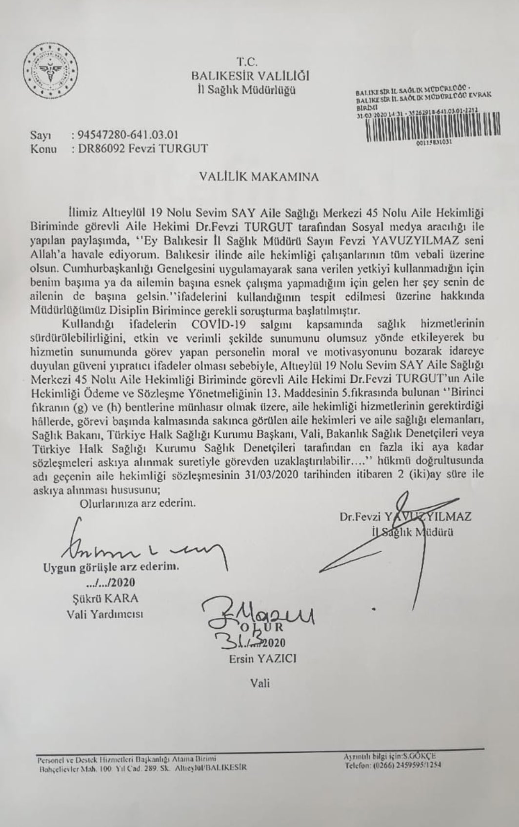 Sosyal Medyadan İl Müdürüne Veryansına 2 Ay Uzaklaştırma