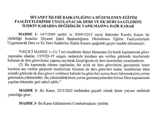 Kur'an kursu öğreticilerinin ders ve ek ders saati kararında değişiklik yapıldı