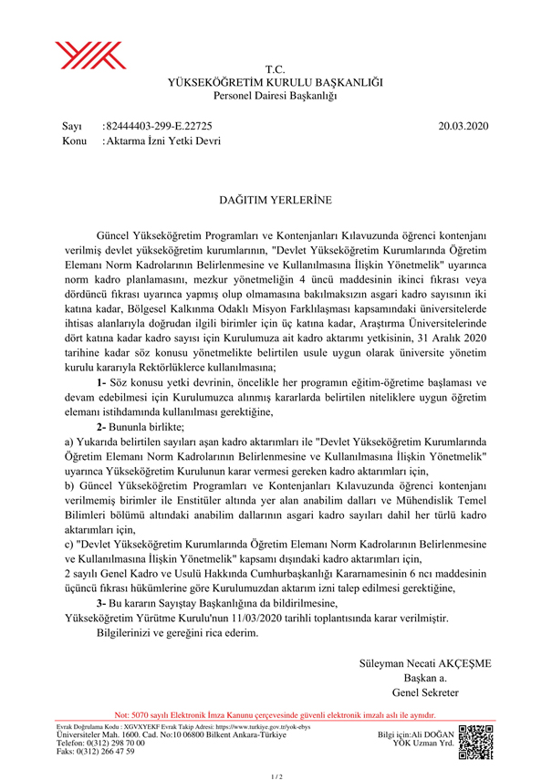 YÖK, norm kadroda aktarmada yetki devrinin süresini uzattı!