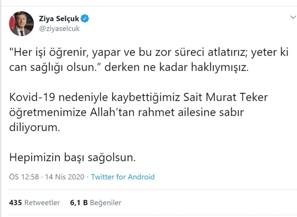 Bakan Ziya Selçuk, Covid-19'dan Vefat Eden Öğretmen İçin Başsağlığı Mesajı Paylaştı