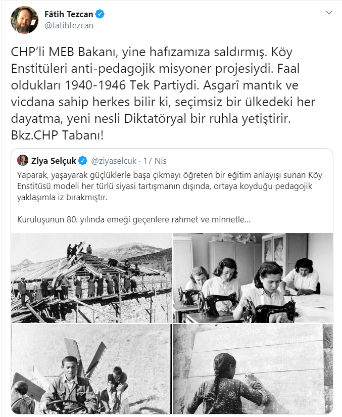 Fatih TEZCAN’dan , Bakan Ziya SELÇUK’a Köy Enstitüleri Üzerinden Eleştiri