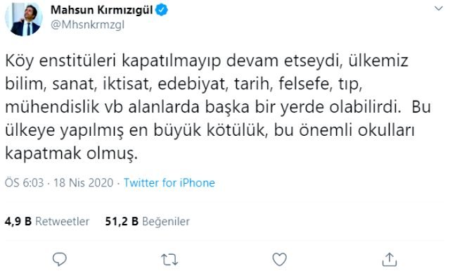 Mahsun Kırmızıgül’den Köy Enstitüleri çıkışı