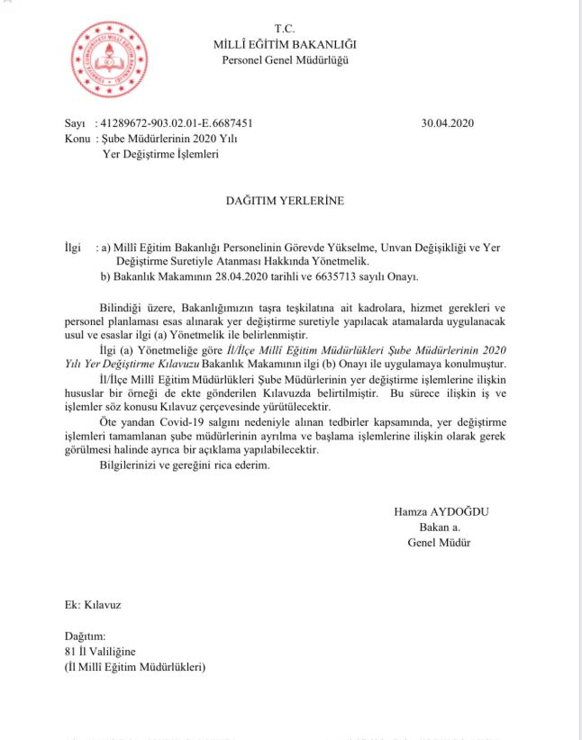 2020 Şube Müdürlüğü Rotasyonu Resmi Yazısı İllere Gönderildi