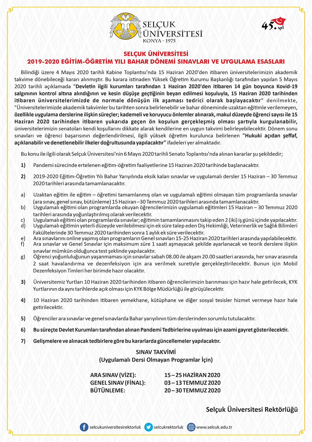 Selçuk Üniversitesi, eğitime başlama kararı aldı