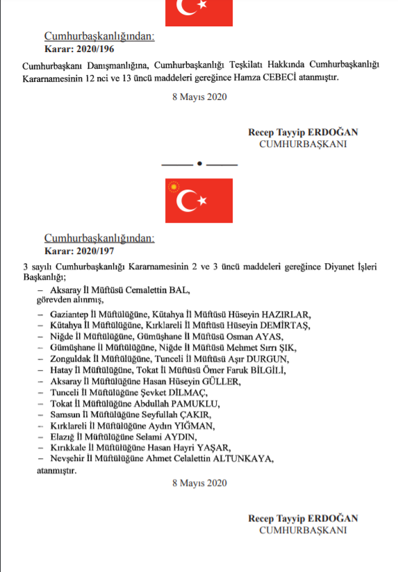 9 Mayıs Tarihli Atama ve görevden almalar resmi gazetede yayınlandı.