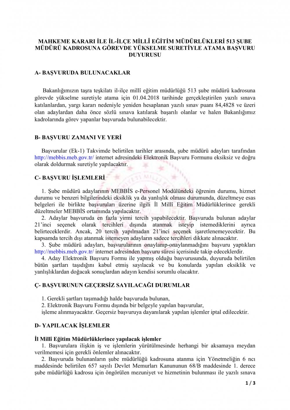 MEB'den 513 Şube Müdürü Kadrosuna Atama Duyurusu