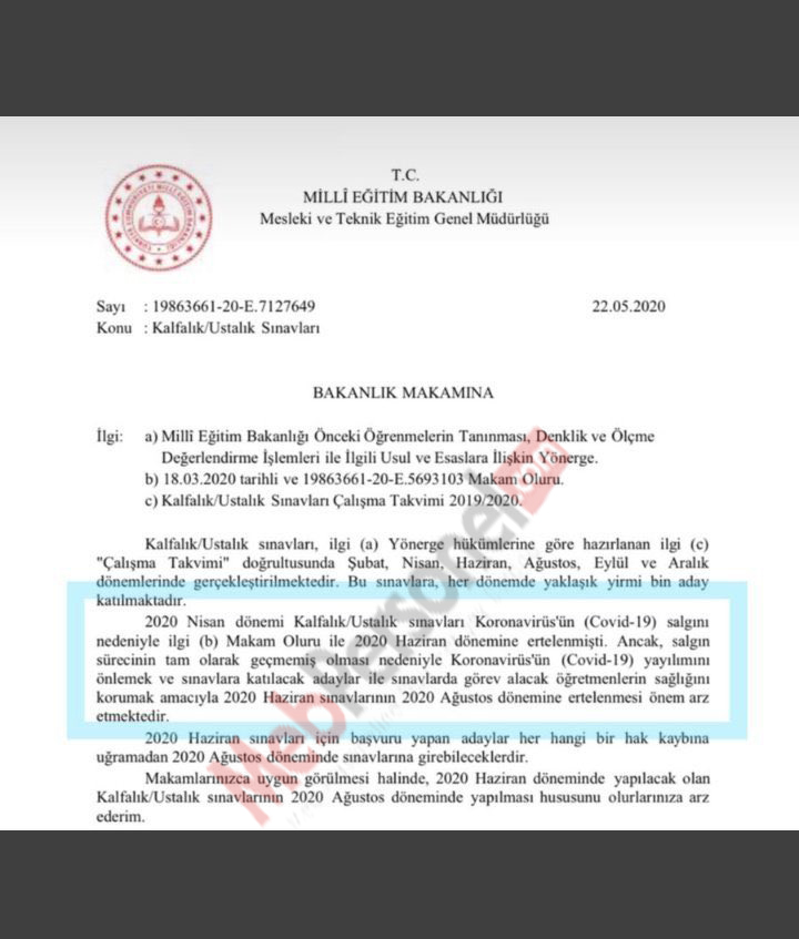 Kalfalık/Ustalık Sınavları Ağustos Ayına Ertelendi