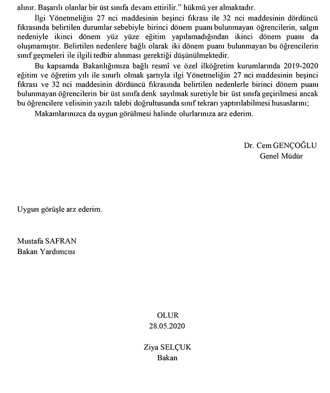 Öğrencilerin Sınıf Geçme Durumu İle İlgili Resmi Yazı