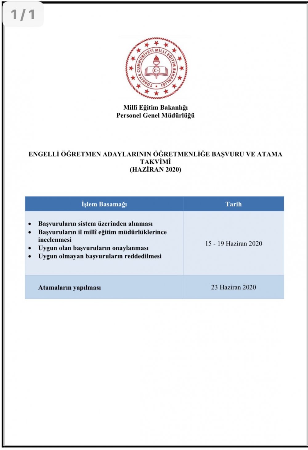 Engelli Öğretmen alımı için atama takvimi belli oldu