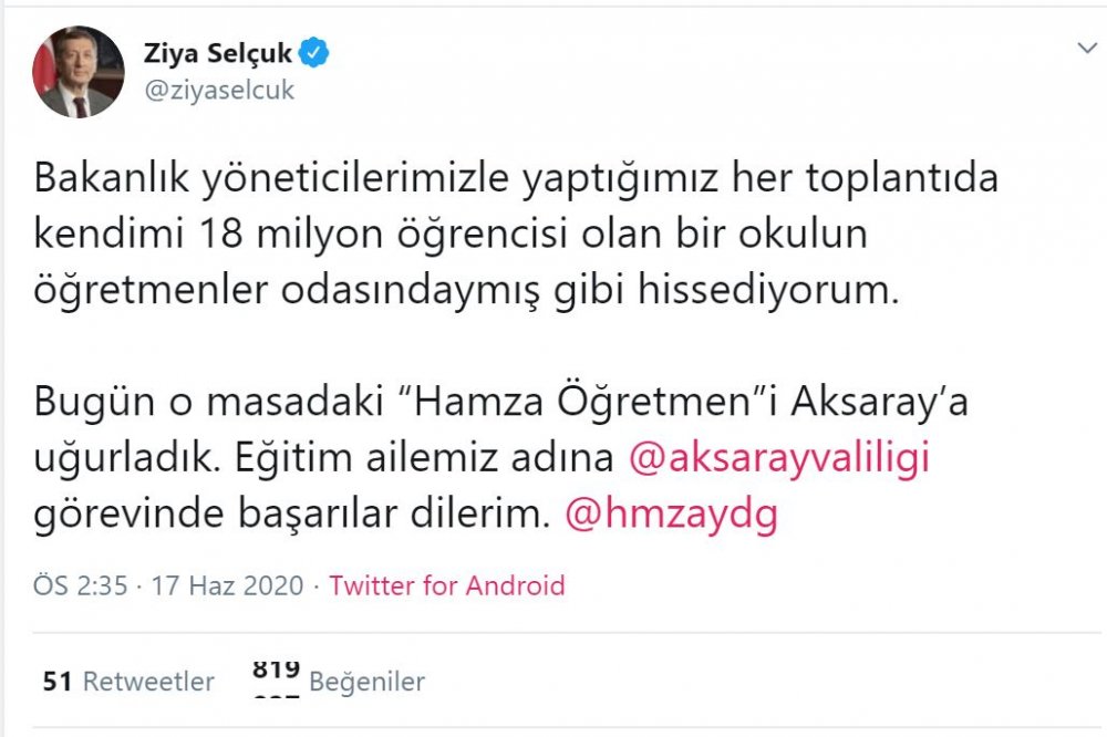 Bakan Ziya Selçuk'tan, Hamza Aydoğdu'ya veda mesajı ve tebrik dileği