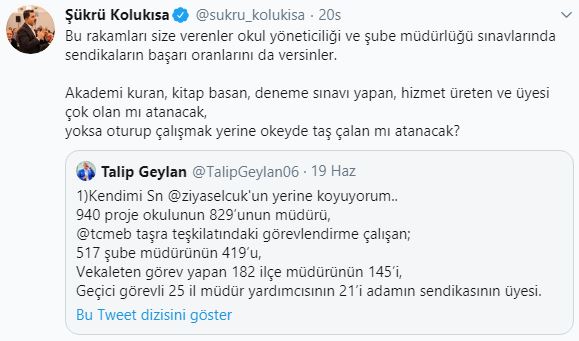 Türk Eğitim-Sen Genel Başkan Yardımcısından Eğitim-Bir-Sen Genel Başkan Yardımcısına Liyakat Cevabı