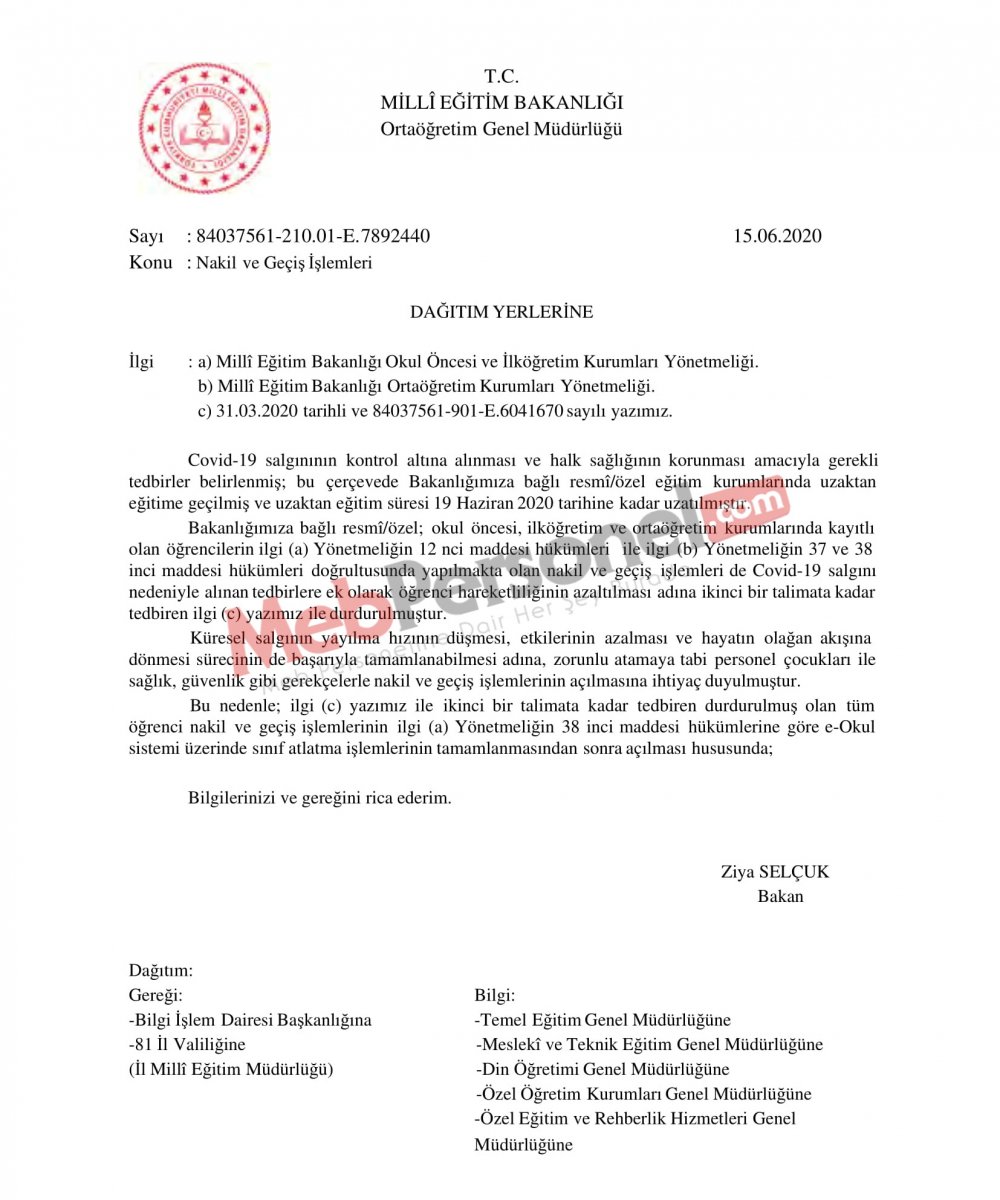 MEB'den Nakil ve Geçiş İşlemleri Yazısı