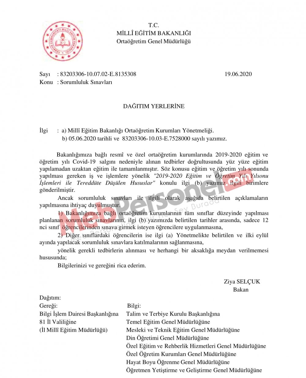 MEB'den Sorumluluk Sınavları İle İlgili Resmi Yazı