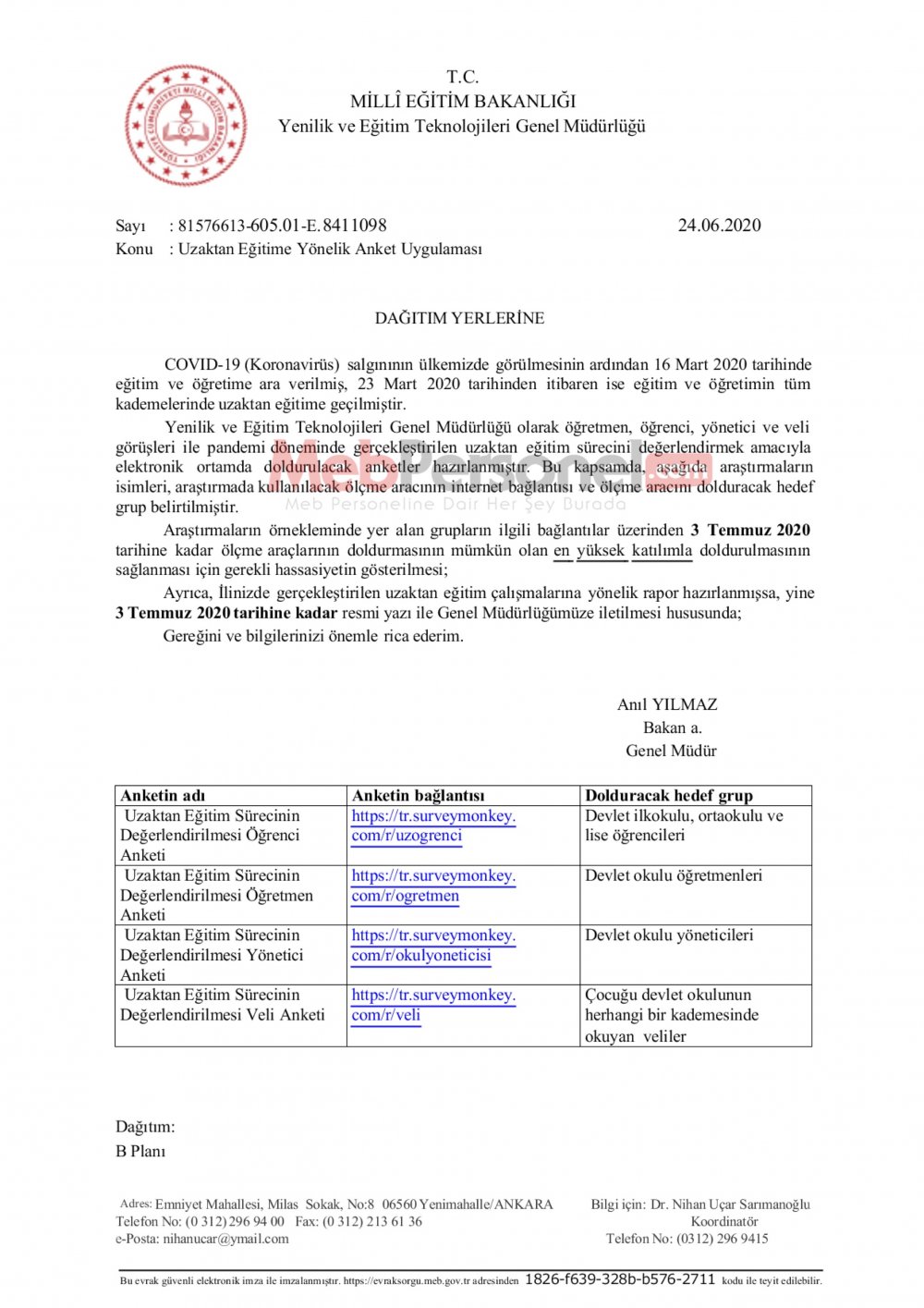MEB'den Uzaktan Eğitime Yönelik Anket Uygulaması