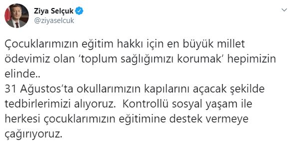 Bakan Ziya Selçuk'tan Okulların Açılışı İle İlgili Açıklama