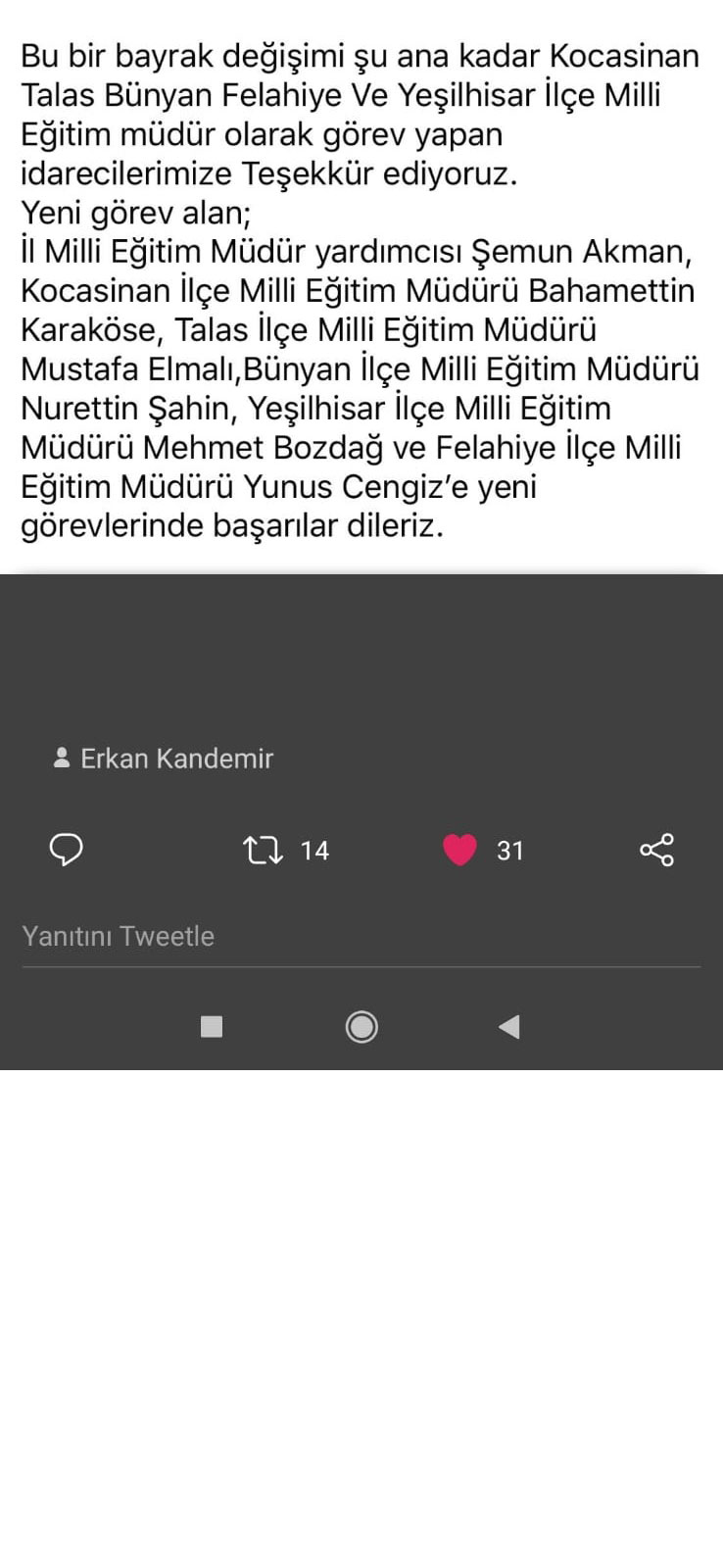 Kayseri İlçe Müdürleri Ataması yapıldı