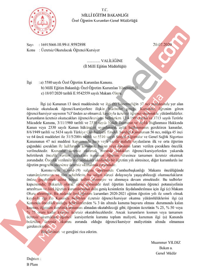MEB'den Resmi Yazı: Ücretsiz Okutulacak Öğrenci/Kursiyer