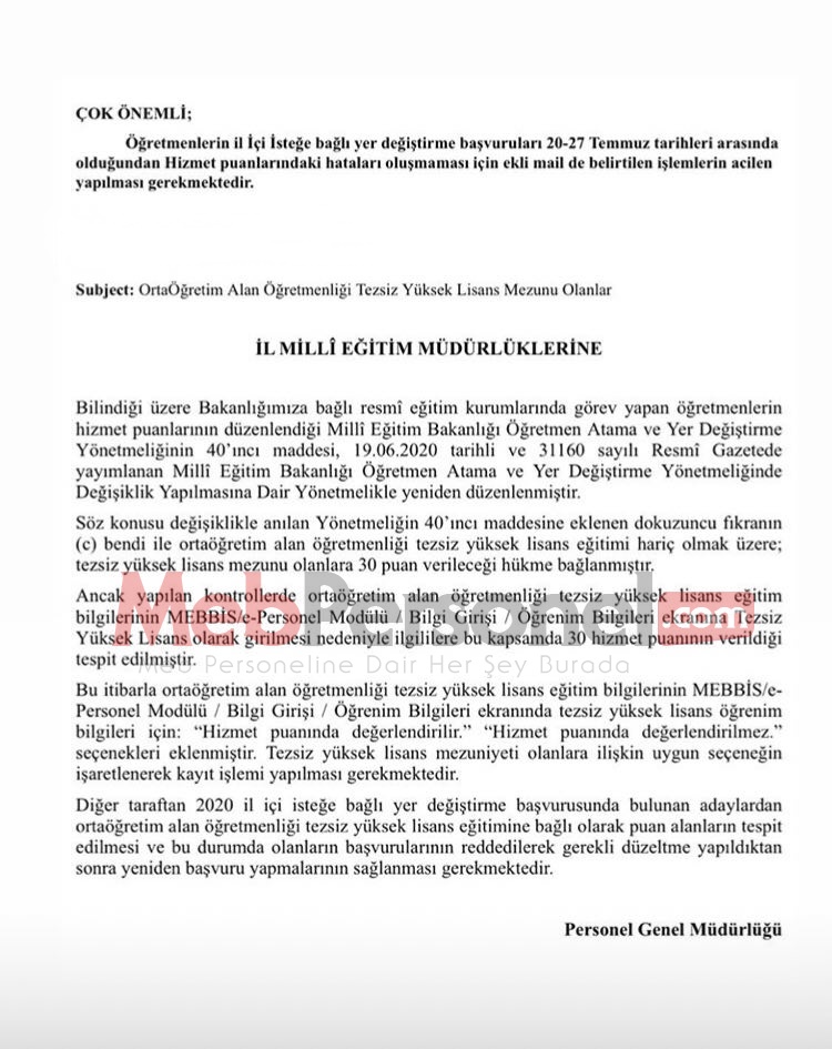 MEB, Tezsiz Yüksek Lisans İçin Hizmet Puanı Uyarısı Yaptı