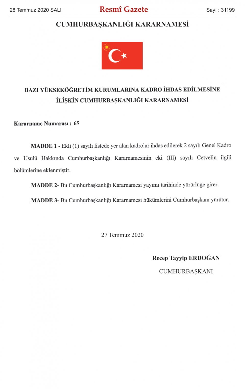 Yükseköğretim Kurumları Kadro İhdas Kararnamesi resmi gazete'de yayımlandı