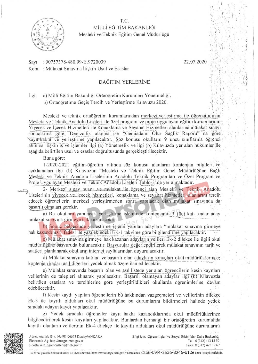 MESLEKİ VE TEKNİK ANADOLU LİSELERİNİN MÜLAKATLA ÖĞRENCİ ALINAN ALANLARINA TERCİH VE YERLEŞTİRME TAKVİMİ