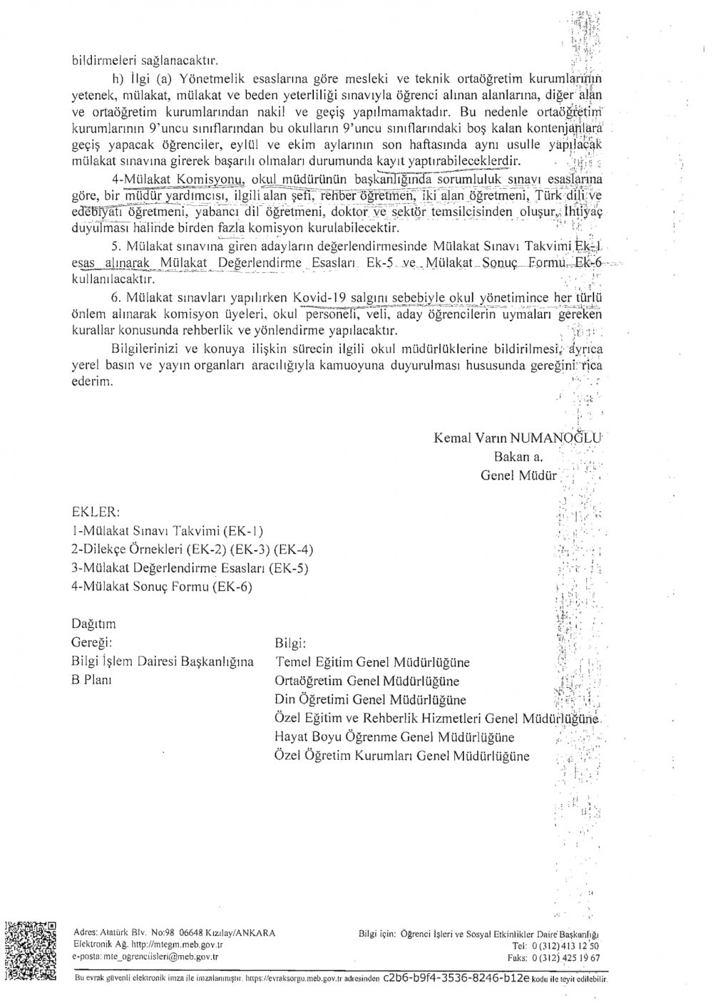 MESLEKİ VE TEKNİK ANADOLU LİSELERİNİN MÜLAKATLA ÖĞRENCİ ALINAN ALANLARINA TERCİH VE YERLEŞTİRME TAKVİMİ