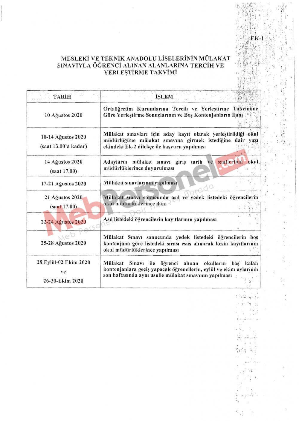 MESLEKİ VE TEKNİK ANADOLU LİSELERİNİN MÜLAKATLA ÖĞRENCİ ALINAN ALANLARINA TERCİH VE YERLEŞTİRME TAKVİMİ