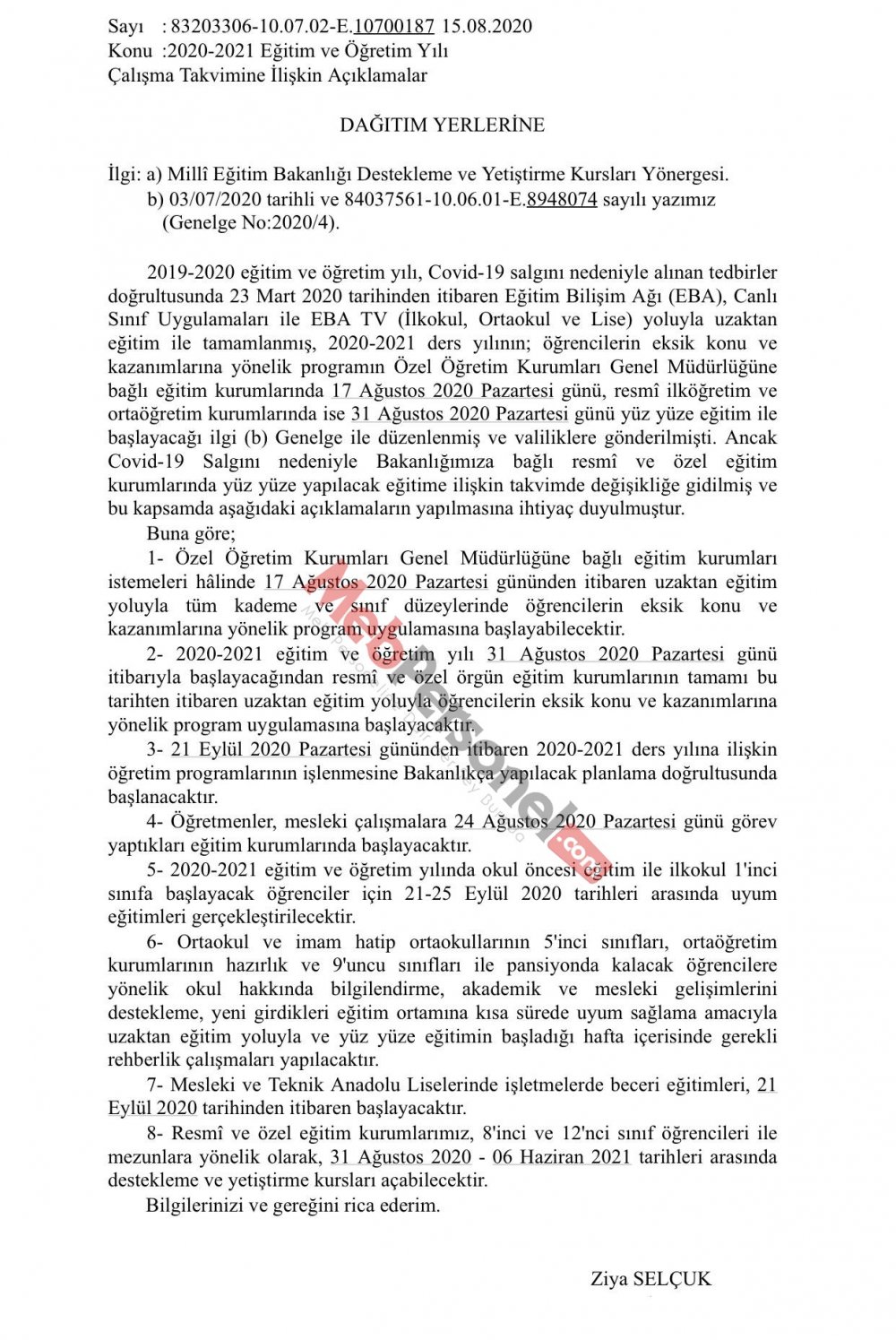 MEB'DEN 2020-2021 ÇALIŞMA TAKVİMİNE İLİŞKİN GENELGE