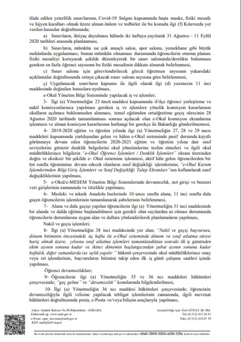MEB'den ''2020-2021 Eğitim ve Öğretim Yılına İlişkin İş ve İşlemler'' Yazısı
