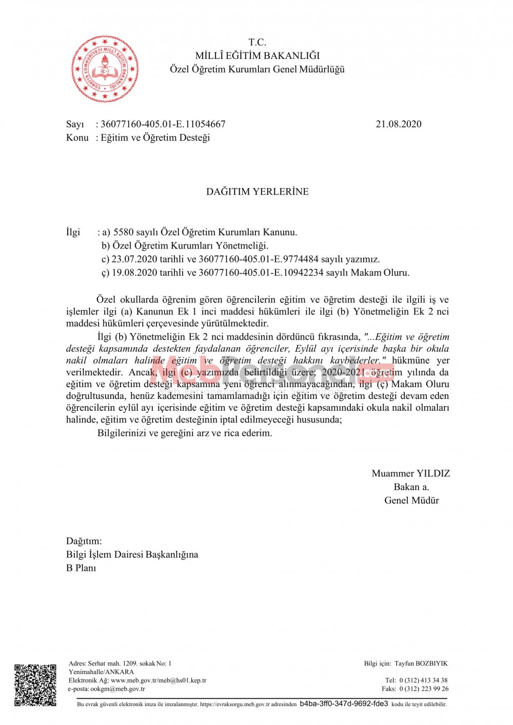 MEB'den ''Eğitim ve Öğretim Desteği'' Yazısı