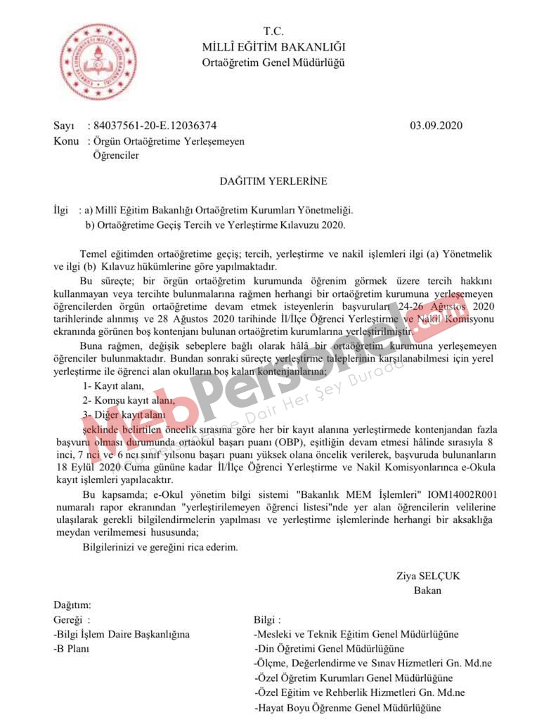 MEB'den ''Liseye Yerleşemeyen Öğrenciler'' İle İlgili Resmi Yazı