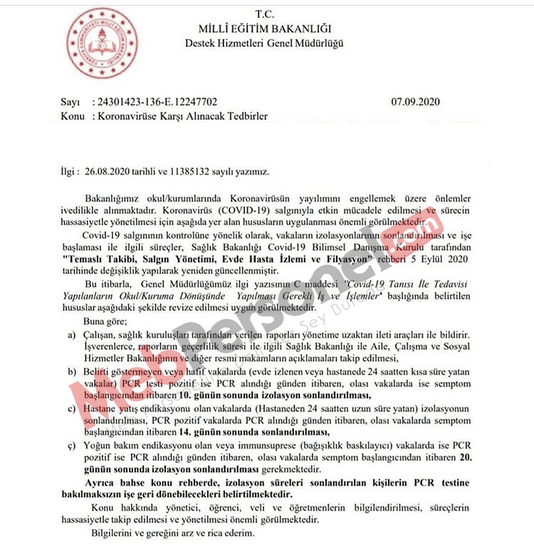 MEB, Koronavirüs Tespit Edilen Kişilerin İzolasyon Süresini Açıkladı