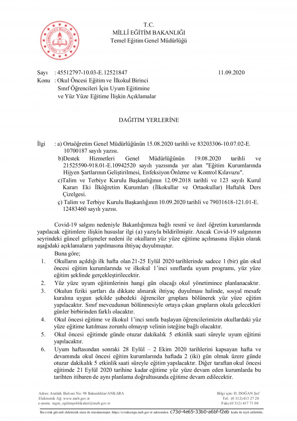 İlkokul 1.sınıflarda uygulanacak haftalık ders çizelgesi