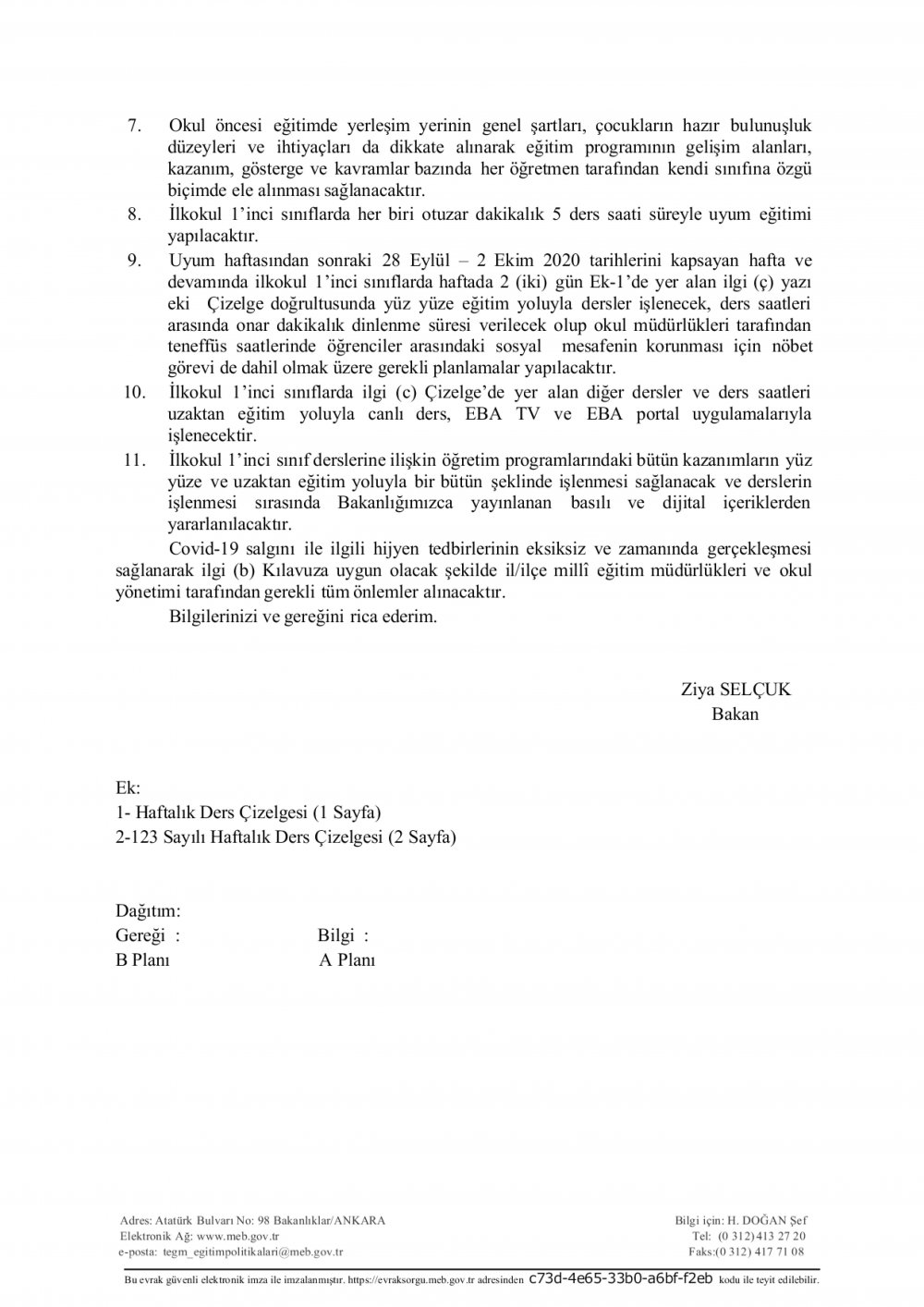 İlkokul 1.sınıflarda uygulanacak haftalık ders çizelgesi