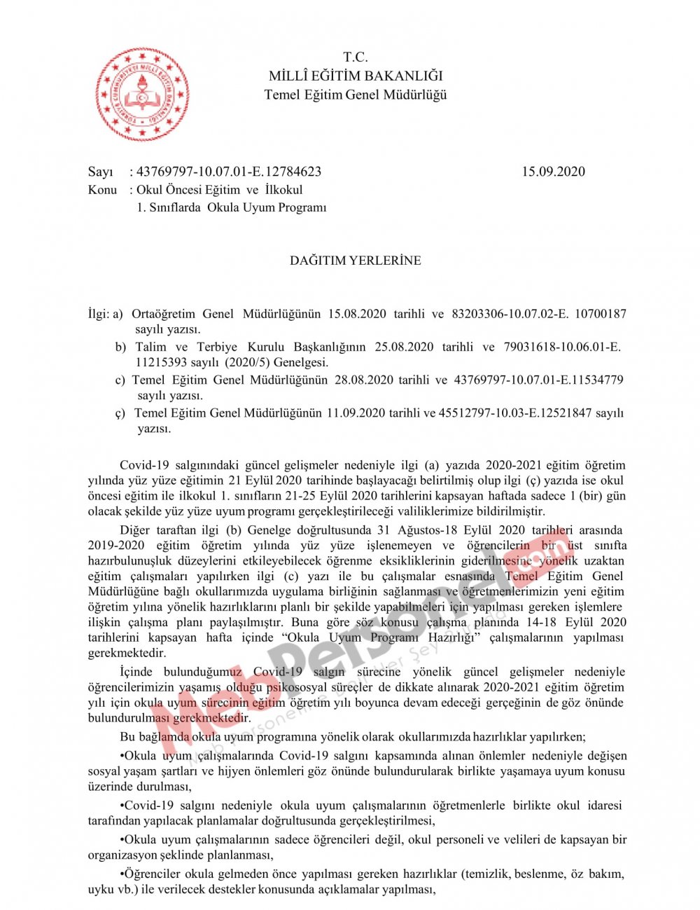 MEB'den ''Okula Uyum Haftası'' İle İlgili Resmi Yazı