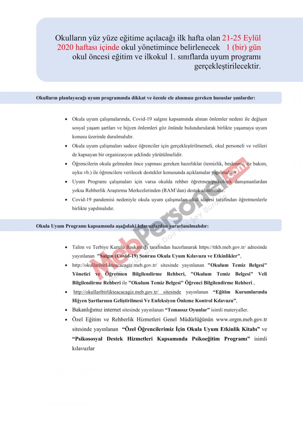 MEB'den ''Okula Uyum Haftası'' İle İlgili Resmi Yazı
