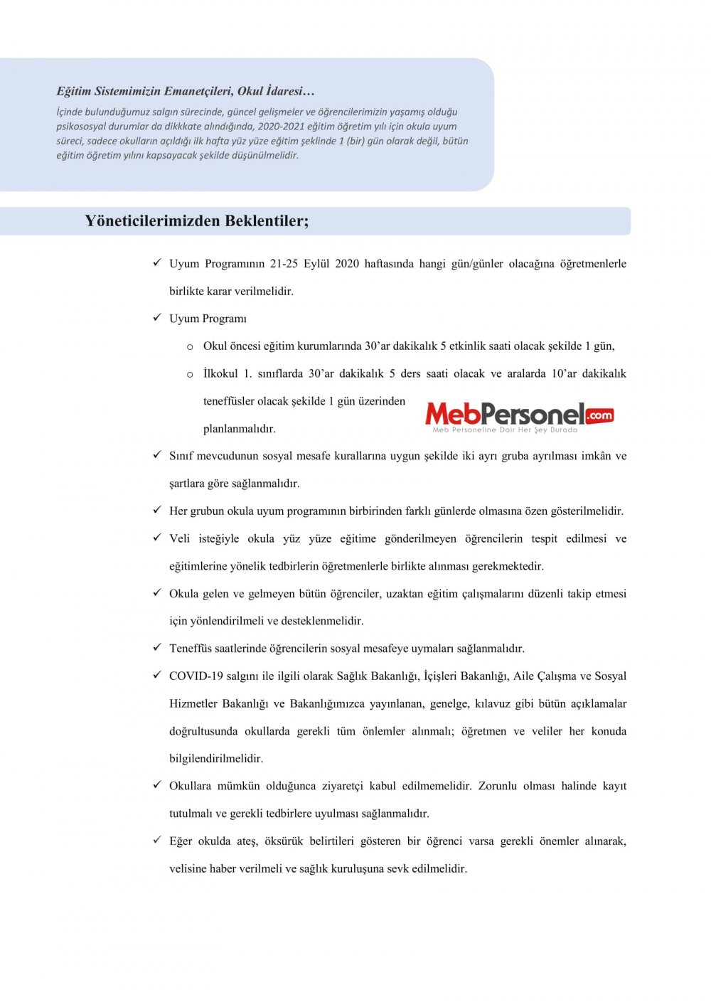 MEB'den ''Okula Uyum Haftası'' İle İlgili Resmi Yazı