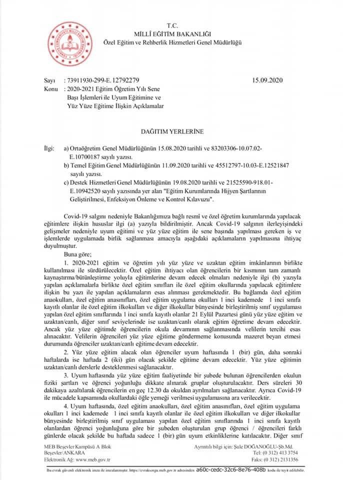 MEB’den Özel Eğitimde Yüz Yüze Eğitime İlişkin Açıklama
