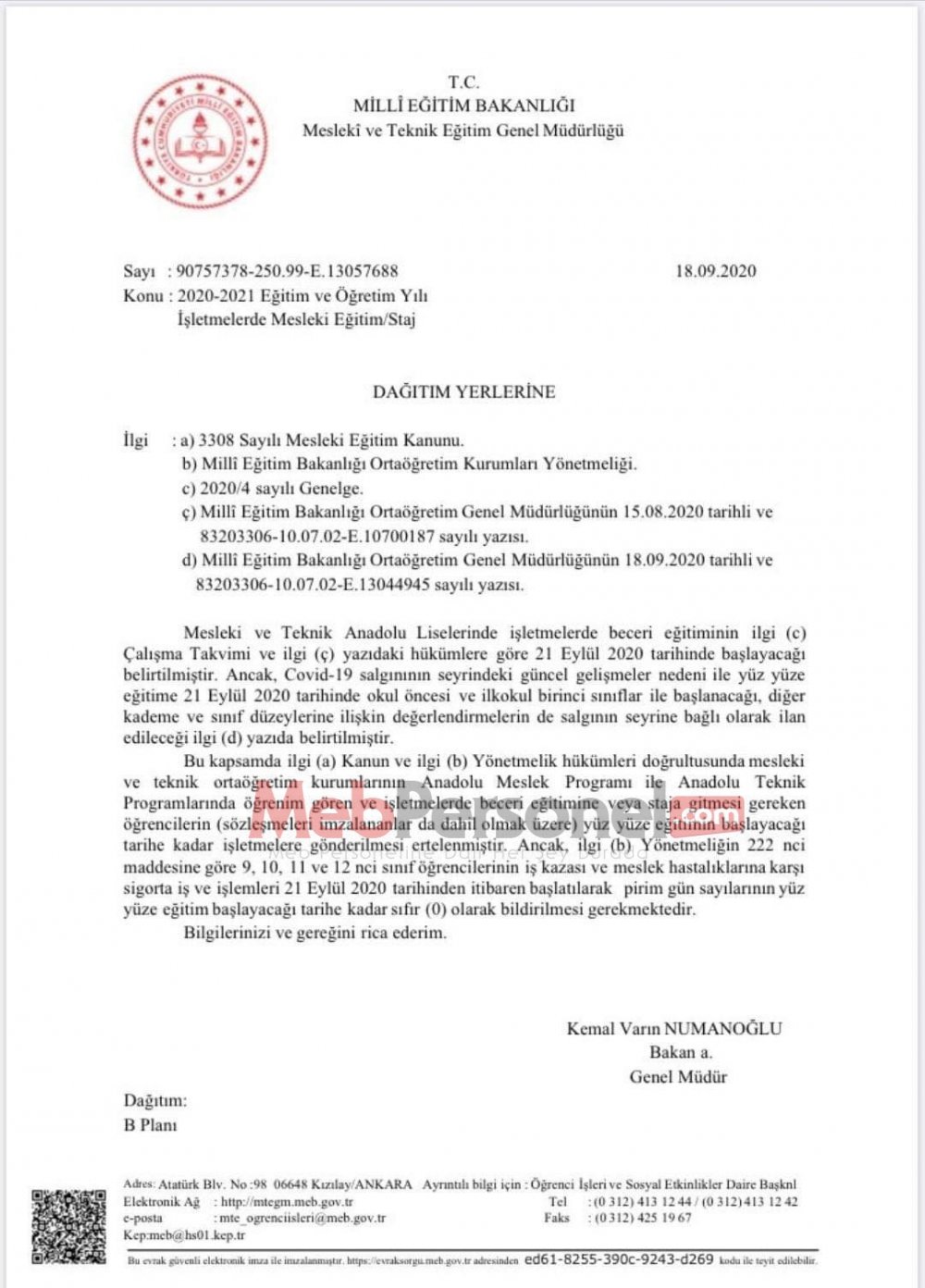 MEB'den ''İşletmelerde Mesleki Eğitim/Staj'' Yazısı