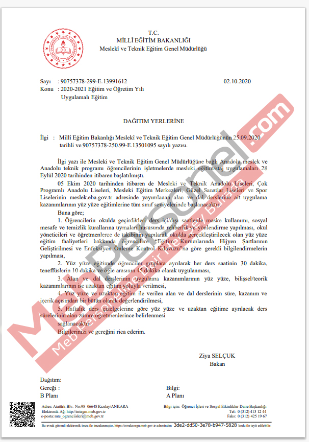 Meslek Liselerinde Uygulamalı Eğitimler İle İlgili Resmi Yazı